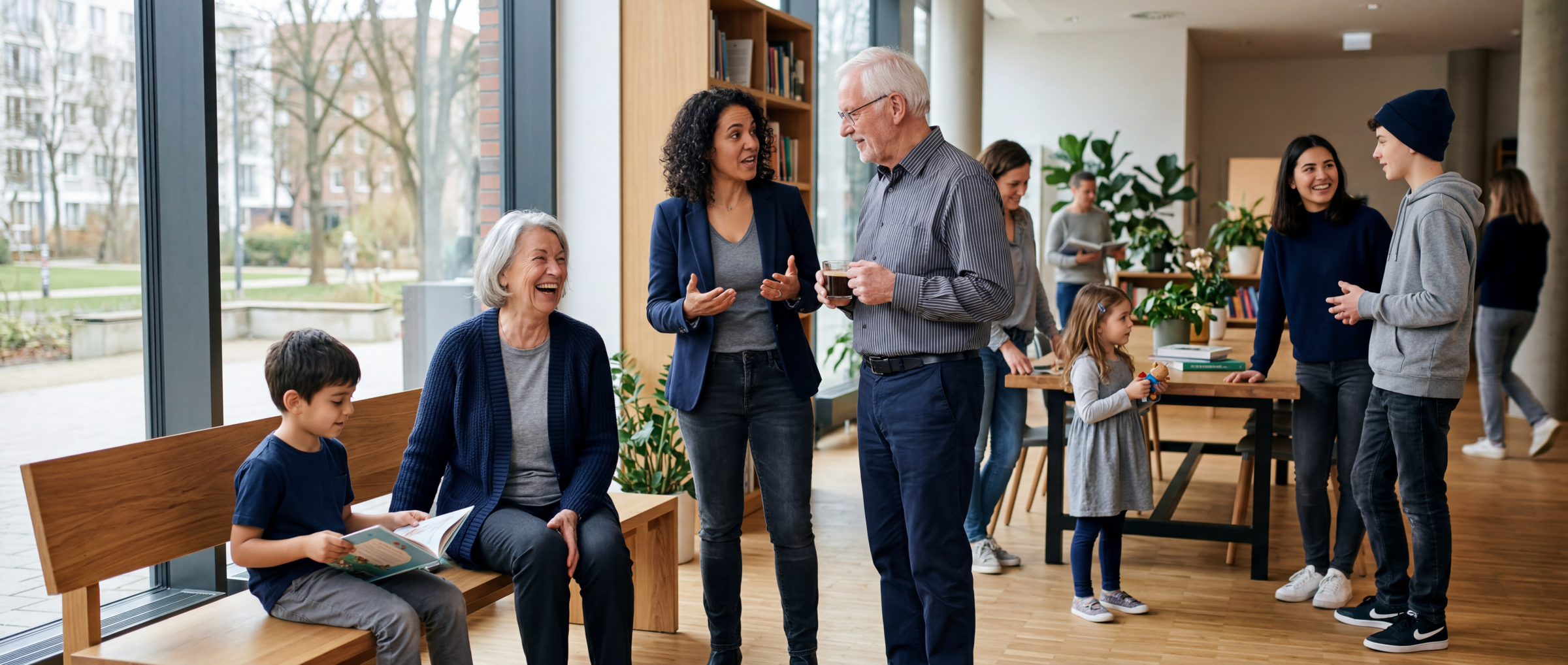 Gemeinschaftsbild aller Altersgruppen Verschiedene Altersgruppen treffen aufeinander und interagieren