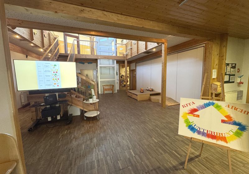 Ev. Kita Arche Kunterbunt, Monheim - Eingangsbereich Der freundliche und helle Eingangsbereich der Kita Arche Kunterbunt in Monheim mit Parkett und Holzdecke