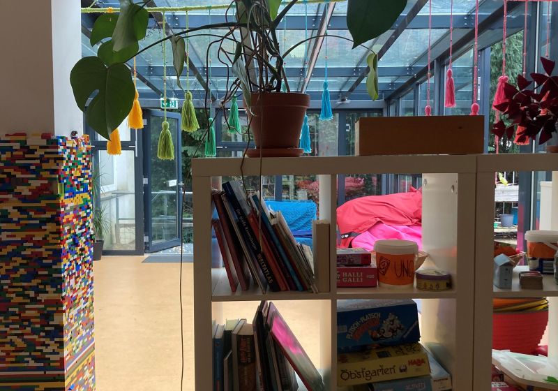 InselArche - Titelbild Ein Regal mit Büchern und Pflanzen neben einer bunten Wand