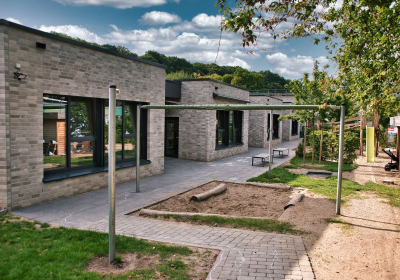 Kita Blütenzwerge - Titelbild Das Außengelände und Gebäude der Kita Blütenzwerge.